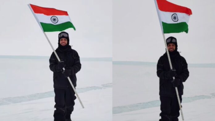 Indian Man Waves Tricolour In Antarctica Indian Man Waves Tricolour In Antarctica