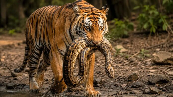 rare sighting tiger hunts python in jim corbett national park uttarkhand video viral rare sighting tiger hunts python in jim corbett national park uttarkhand video viral