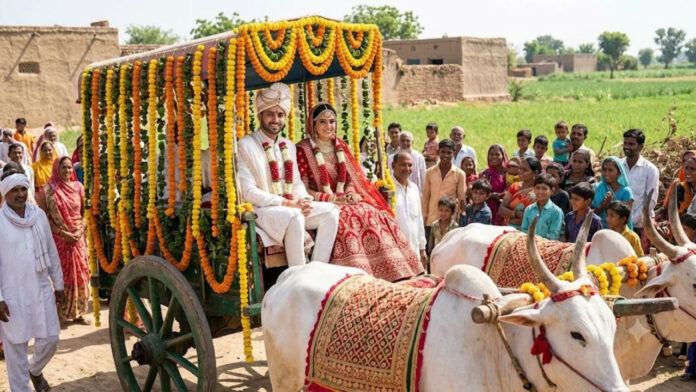 नवादा में फूलों से सजी बैलगाड़ी में दुल्हन को लेकर पहुंचा दूल्हा, कार्ड पर लिखा 'बापू संग कस्तूरबा'